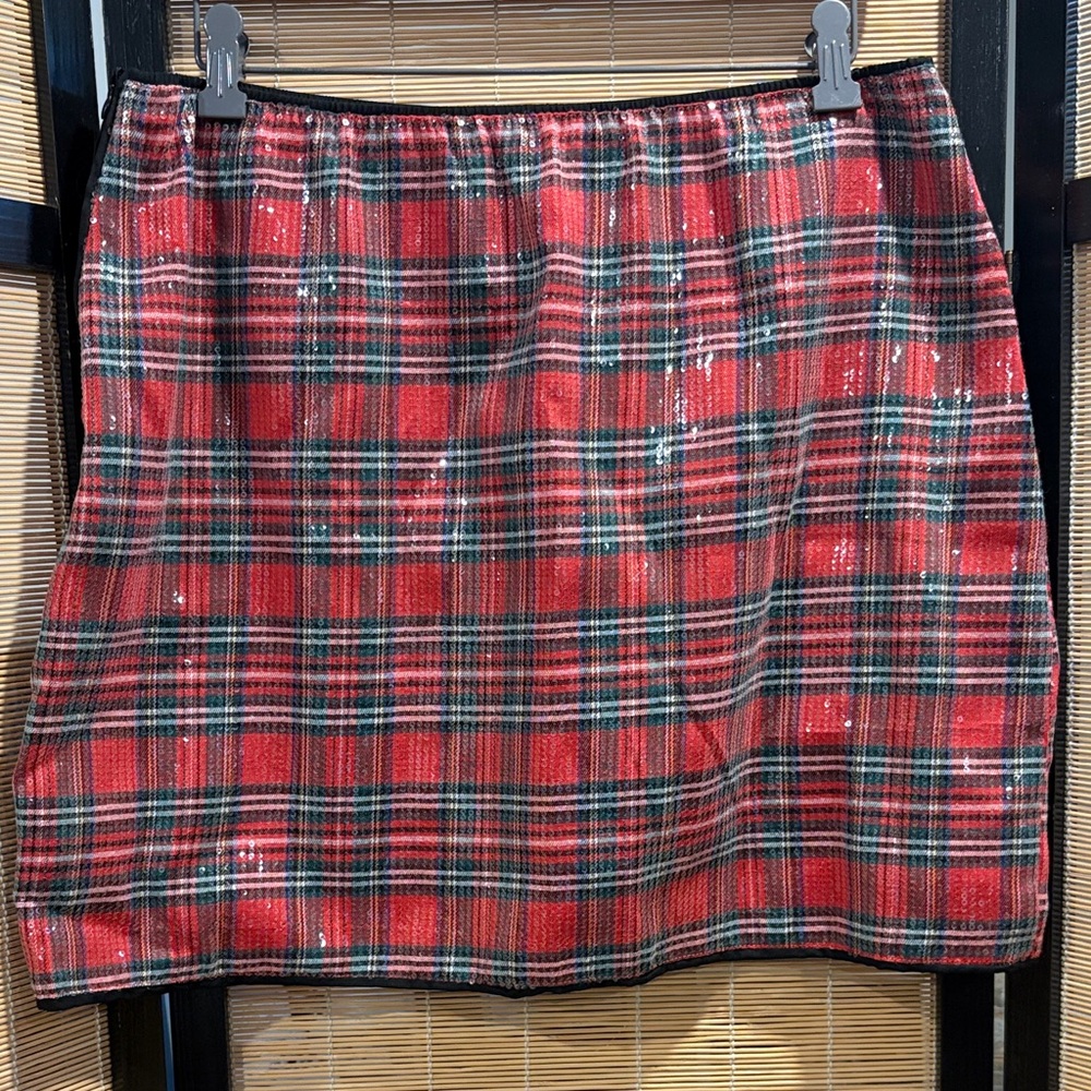 Plaid Red Sequin Mini Skirt